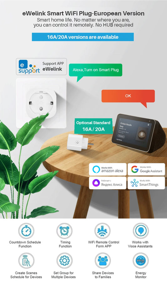 4 x Tuya Slimme Wifi Stekker met energiemeting, timer & spraakbediening (geschikt voor Alexa & Google Home)
